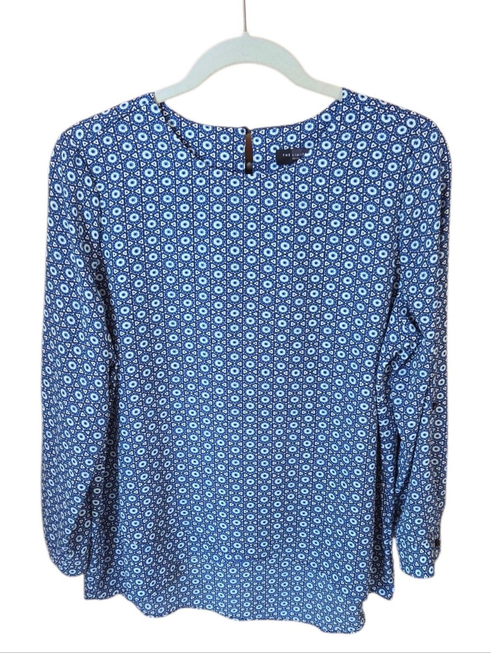 The Limited Blue Geometric Print Long Sleeve Blouse Size LP